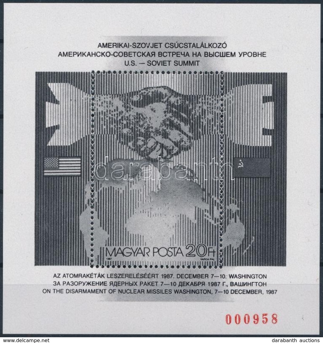 ** 1987 Csúcstalálkozó Feketenyomat Blokk Piros Sorszámmal, Példányszám 1.100 Db  (32.000) / Mi Block 194 Blackprint Wit - Sonstige & Ohne Zuordnung