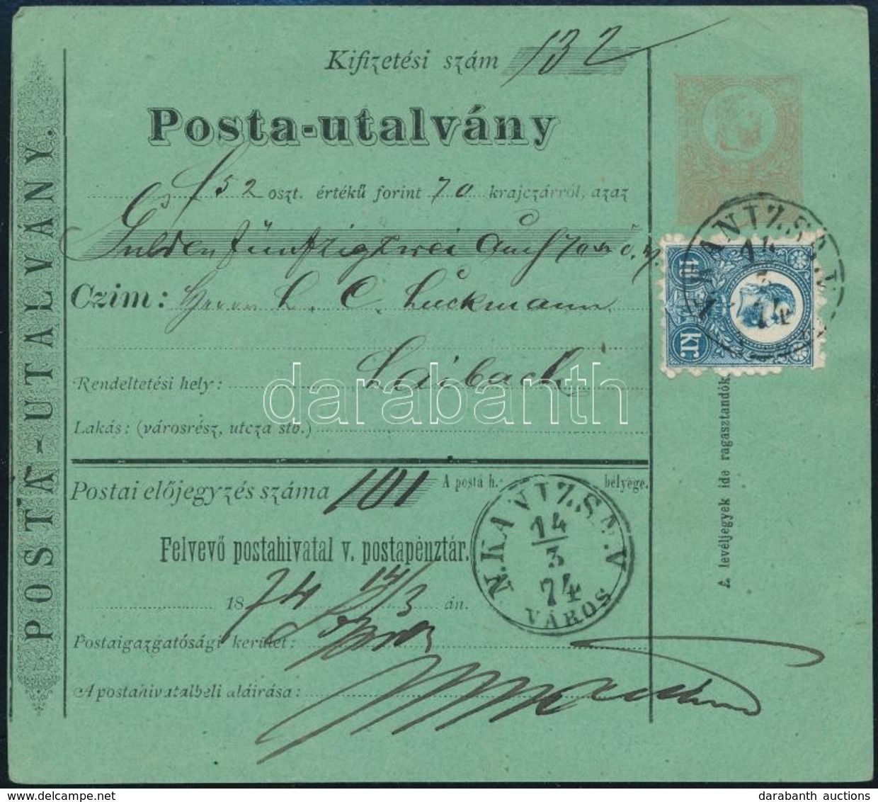 1874 5kr Díjjegyes Postautalvány Réznyomat 10kr Kiegészítéssel 'N.KANIZSA' - Laibach - Other & Unclassified