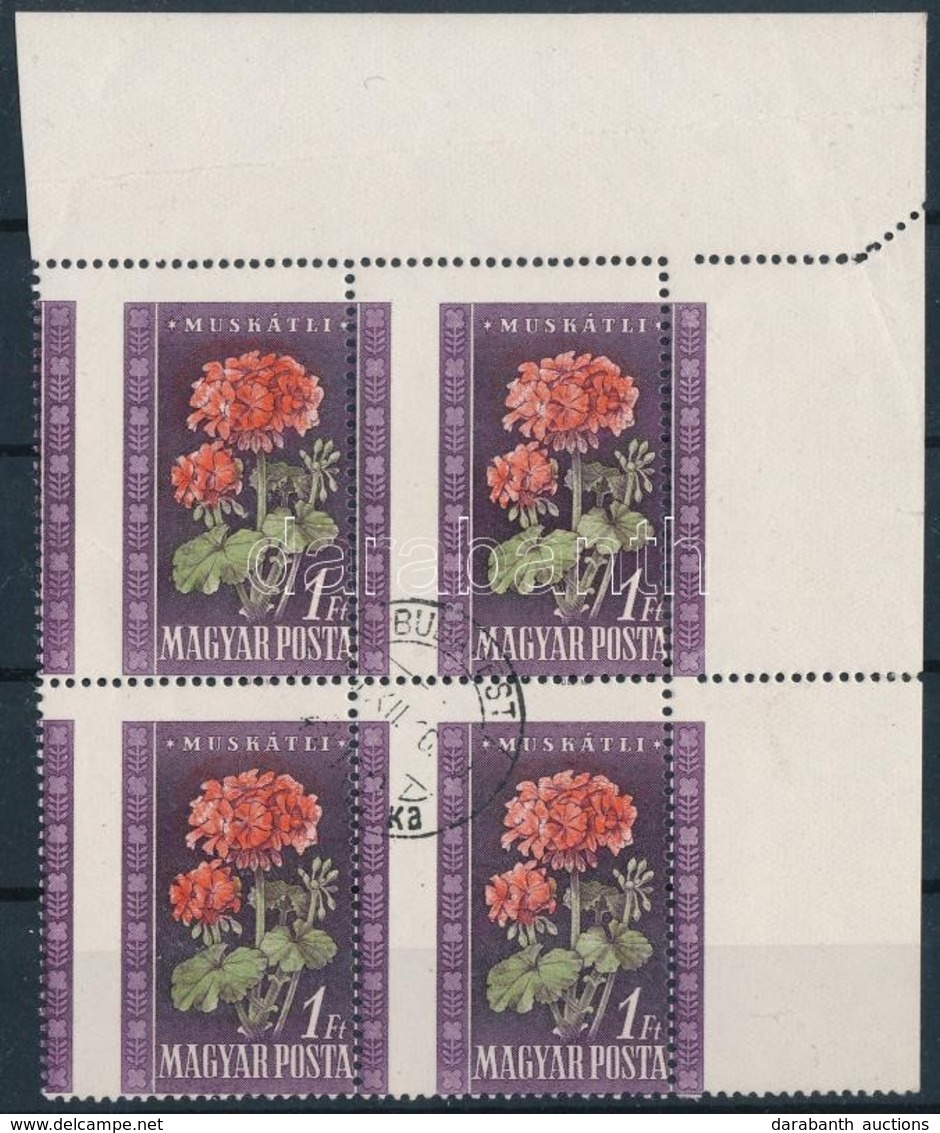 O 1950 Virág 40f  ívsarki Négyestömb Rendkívül Látványos Elfogazással - Autres & Non Classés
