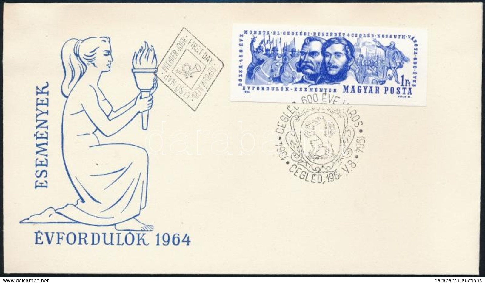 1964 Évfordulók (II.) Cegléd 600 éves Vágott Bélyeg FDC-n - Andere & Zonder Classificatie