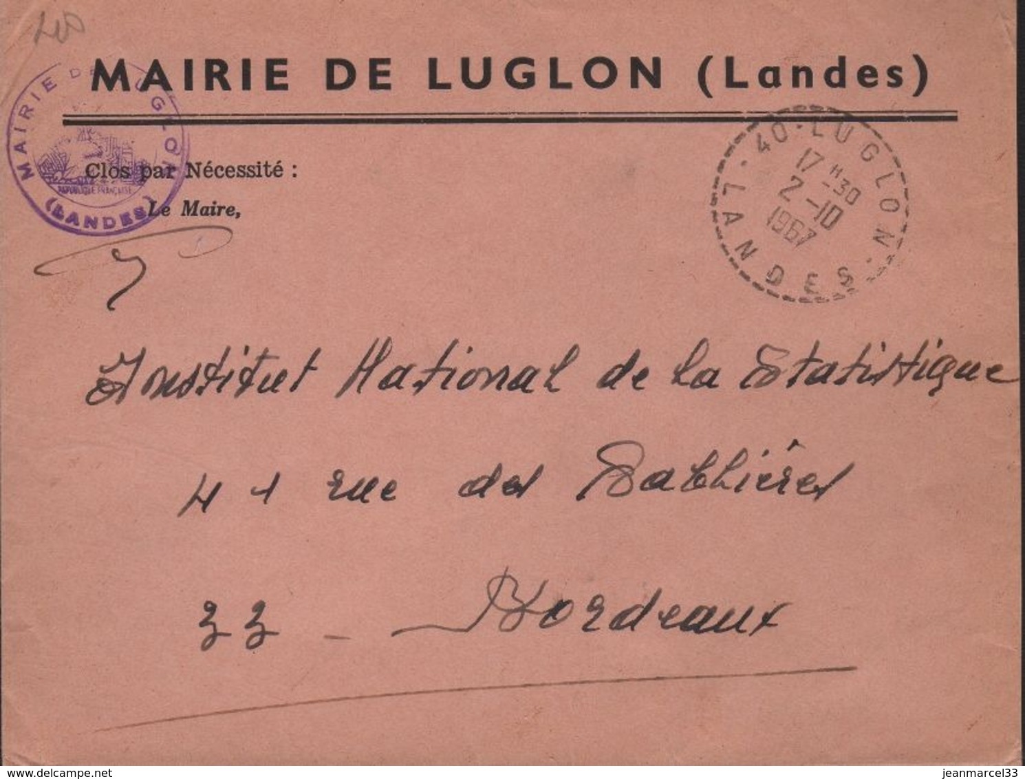 Cachet Facteurs-Receveurs De 40-Luglon-Landes 2-I0 I967 - Handstempel