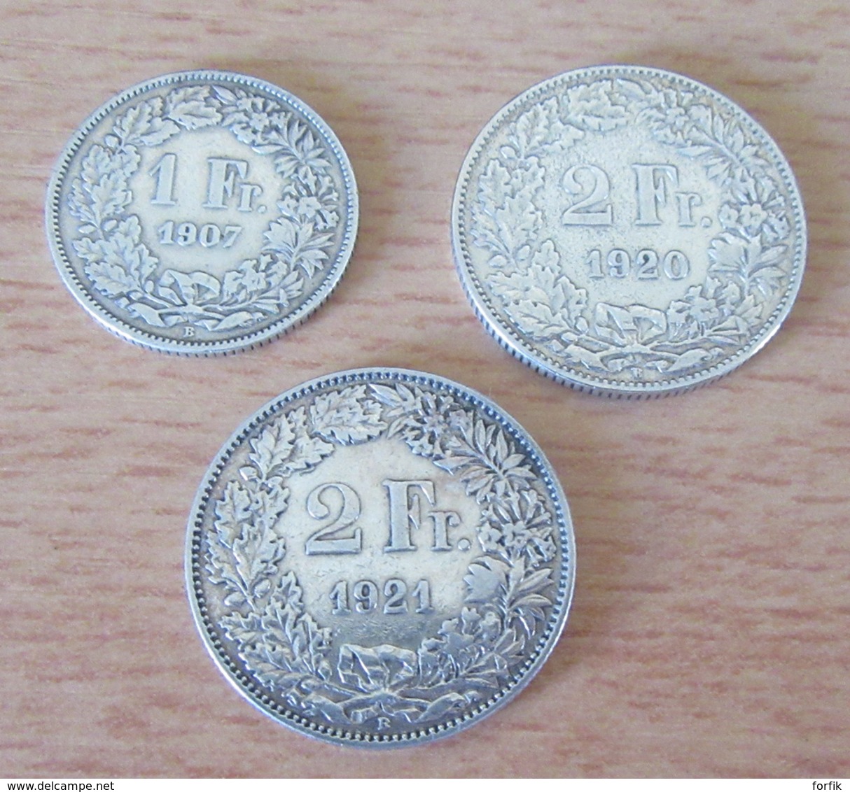 Suisse - Lot De 3 Monnaies En Argent : 1 Franc 1907, 2 Francs 1920, 2 Francs 1921 - Autres & Non Classés