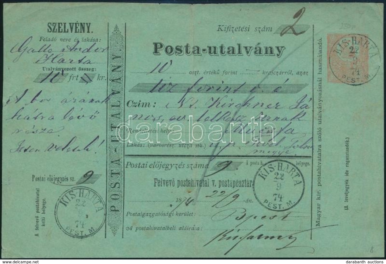 1874 Postautalvány 'KIS-HARTA' - Budapest (Gudlin 250 P) - Autres & Non Classés