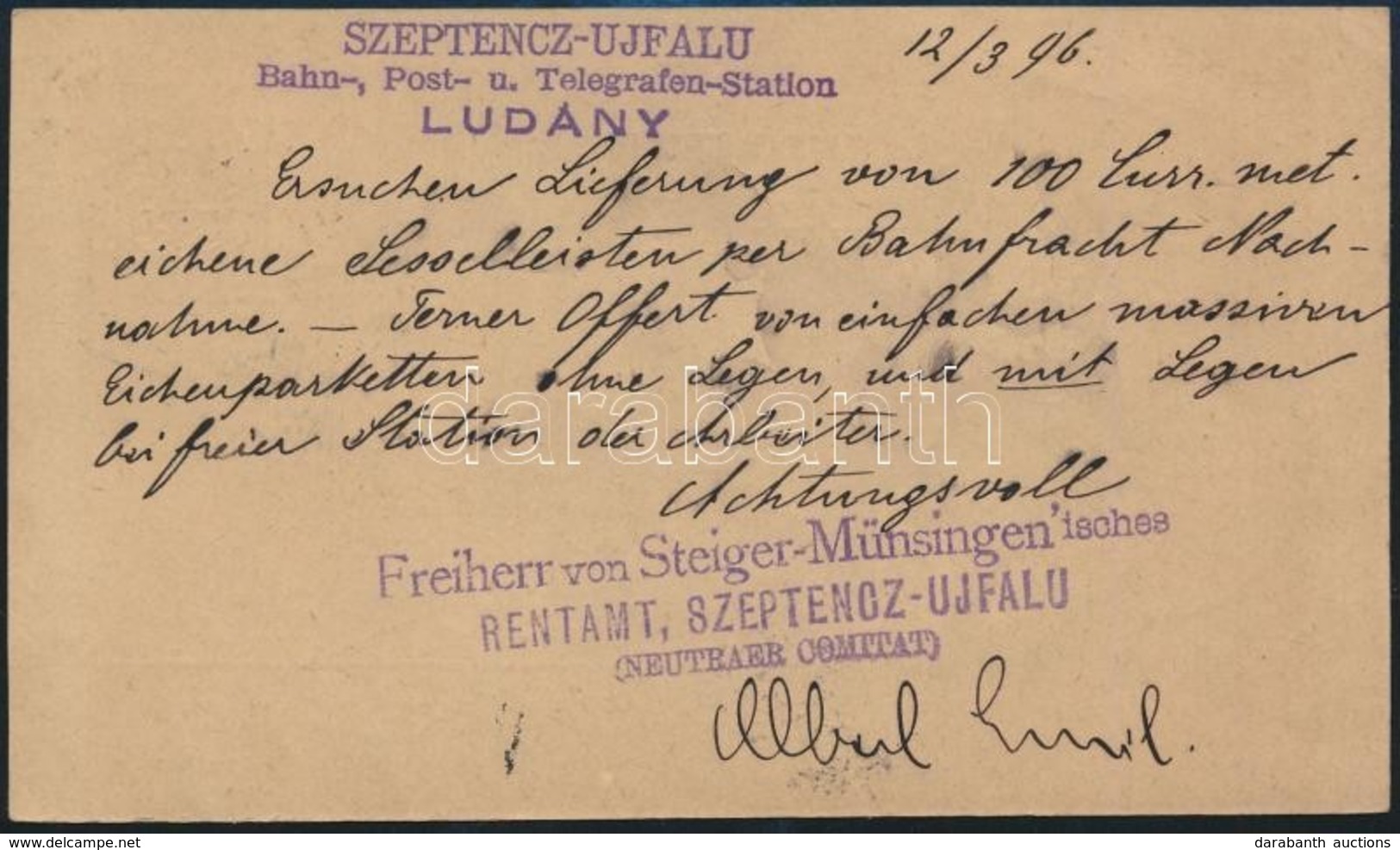 1896 Díjjegyes Levelezőlap 'SZEPTENCZ-UJFALU / Bahn-, Post- U. Telegrafen-Sation / LUDÁNY' Bélyegzéssel (Nyitra)Ludánybó - Andere & Zonder Classificatie