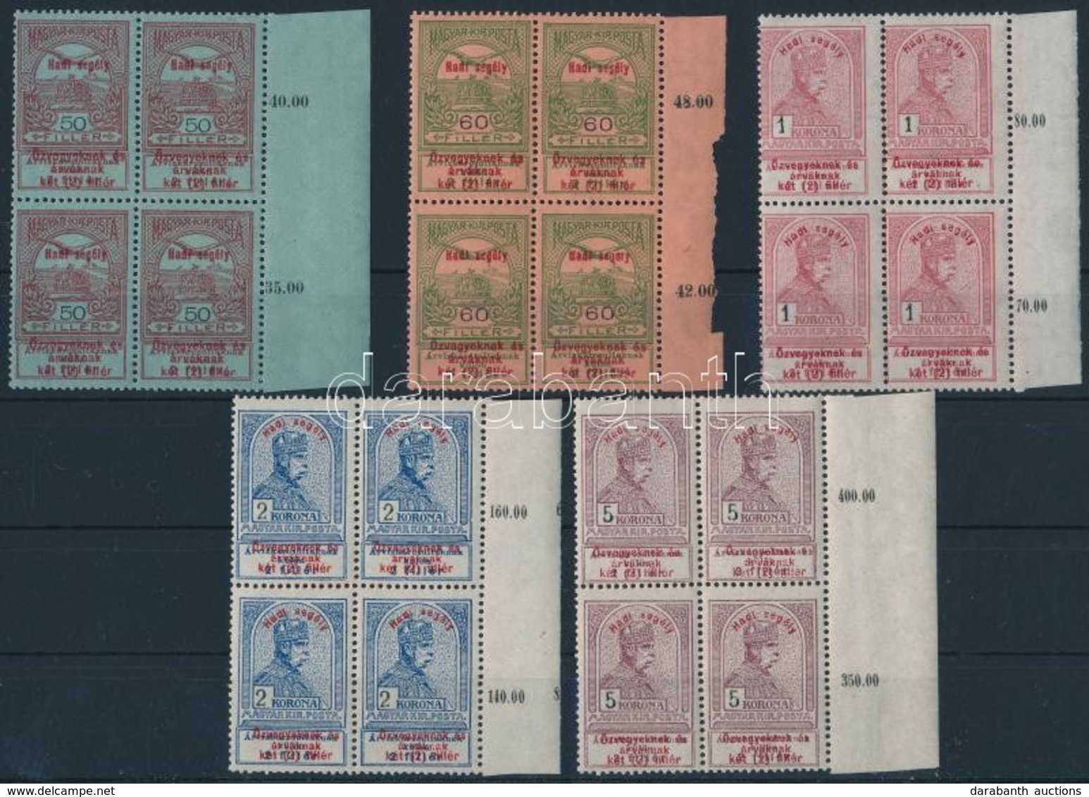 ** 1914 Hadisegély Próbanyomat Sor ívszéli Négyes Tömbök (400.000) / Mi 145-161 Proof Set, Margin Blocks Of 4 - Autres & Non Classés