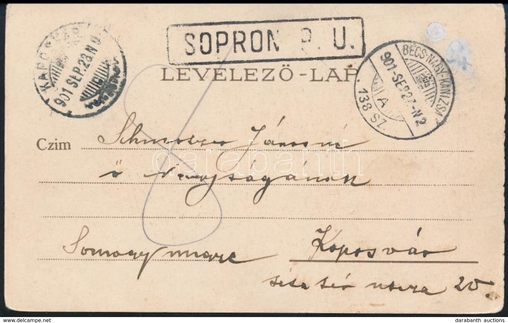 1901 Sopron Széchenyi Tér Képeslap 'SOPRON' Pályaudvari + 'BÉCS-NAGY-KANIZSA' Mozgóposta Bélyegzéssel - Autres & Non Classés