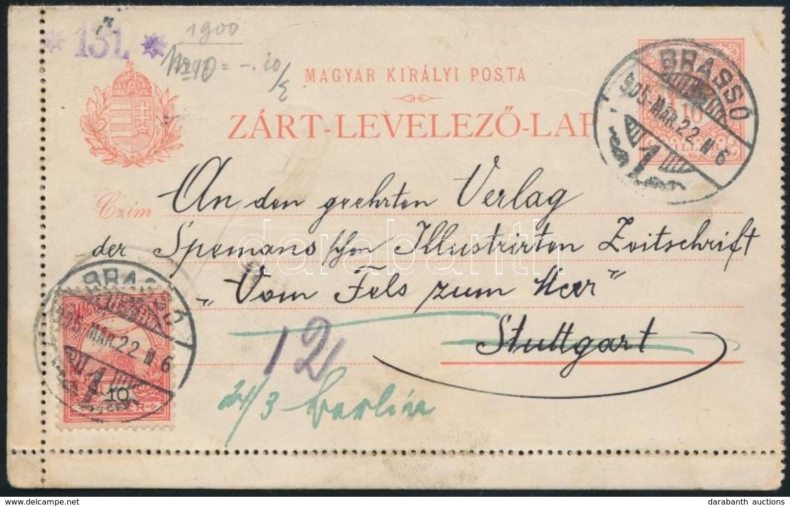 1905 Zárt Levelezőlap ,,BRASSÓ' - ,,STUTTGART' 10f + 10f - Other & Unclassified