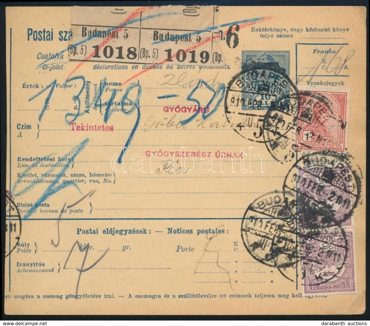 1910 Szállítólevél 2 Csomagról 1,70K Céglyukasztásos Kiegészítéssel / Parcel Card With Perfin Stamps - Other & Unclassified