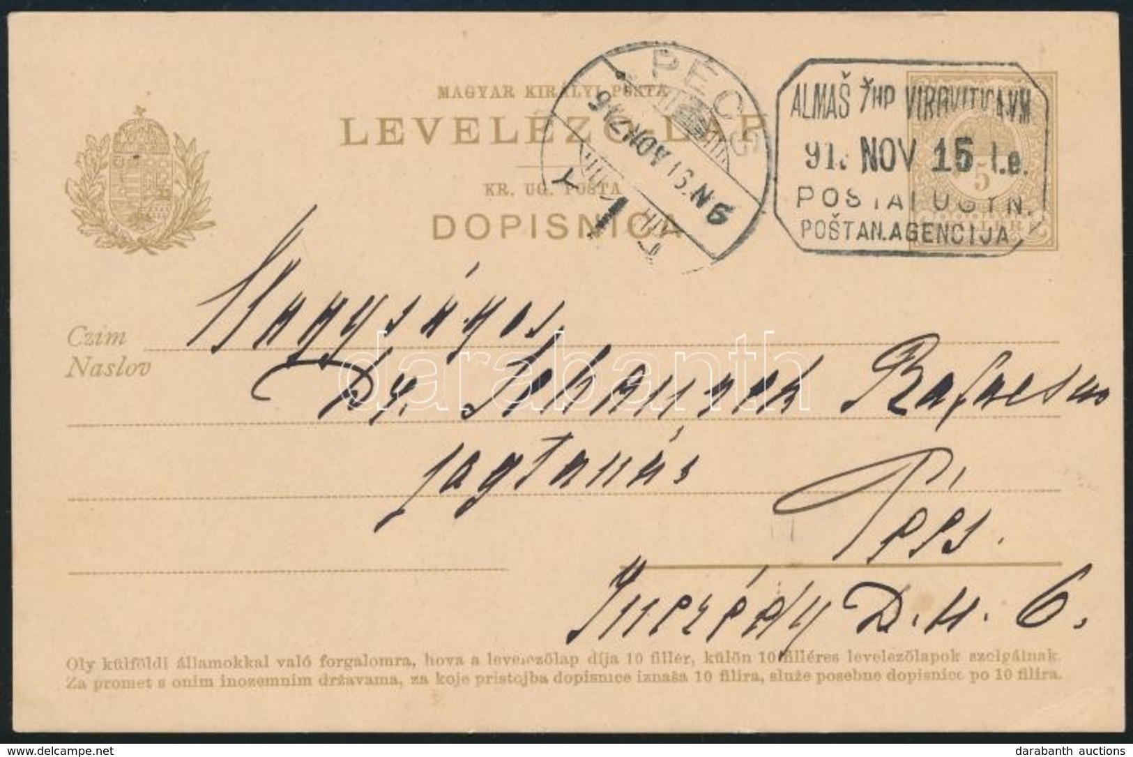 1912 Díjjegyes Levelezőlap 'ALMAS ZUP VIROVITICA VM' Kétnyelvű Postaügynökségi Bélyegzéssel / PS-card With Bilingual Pos - Autres & Non Classés