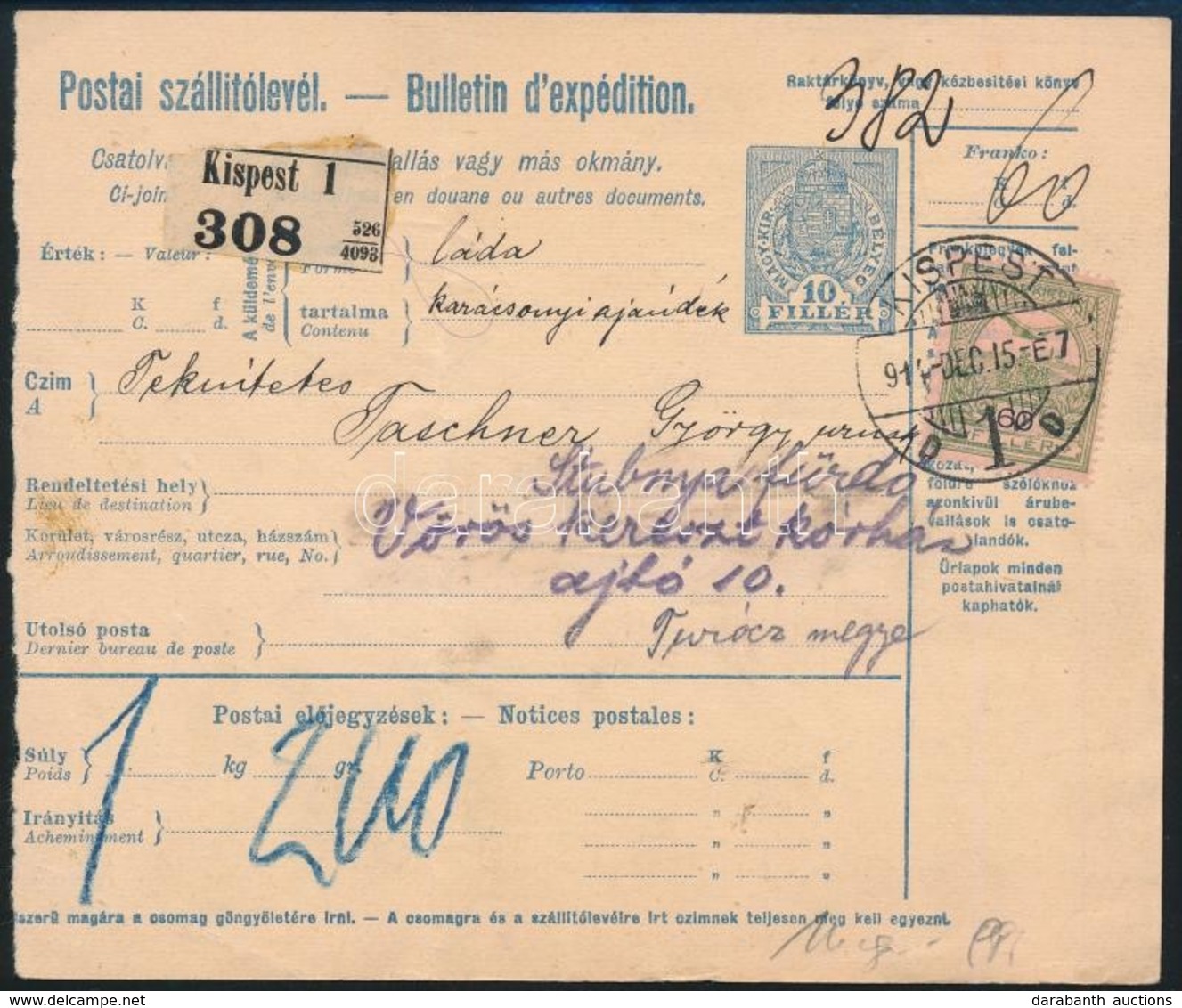 1914 Csomagszállító Turul 60f Bérmentesítéssel Kispestről A Stubnyafürdői Kórházba Küldve 'A MAGY. SZ. KOR. ORSZ. VÖRÖS- - Other & Unclassified