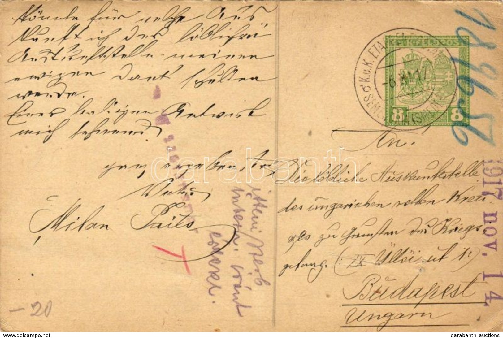 1917. Cenzúrás Díjjegyes Levelezőlap / Censored PS-card 'E.P. SEMENDRIA (SMEREDEVO) B' - Budapest - Andere & Zonder Classificatie