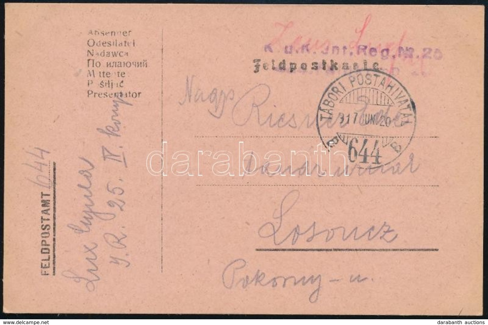 1917 Tábori Posta Levelezőlap 'K.u.k. Inf. Reg. No.25.' + 'TP 644 B' - Andere & Zonder Classificatie