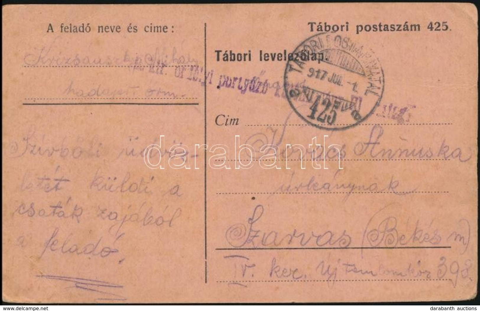 1917 Tábori Posta Levelezőlap / Field Postcard 'M.kir. Erdélyi Portyázó ...' + 'TP 425 A' - Other & Unclassified