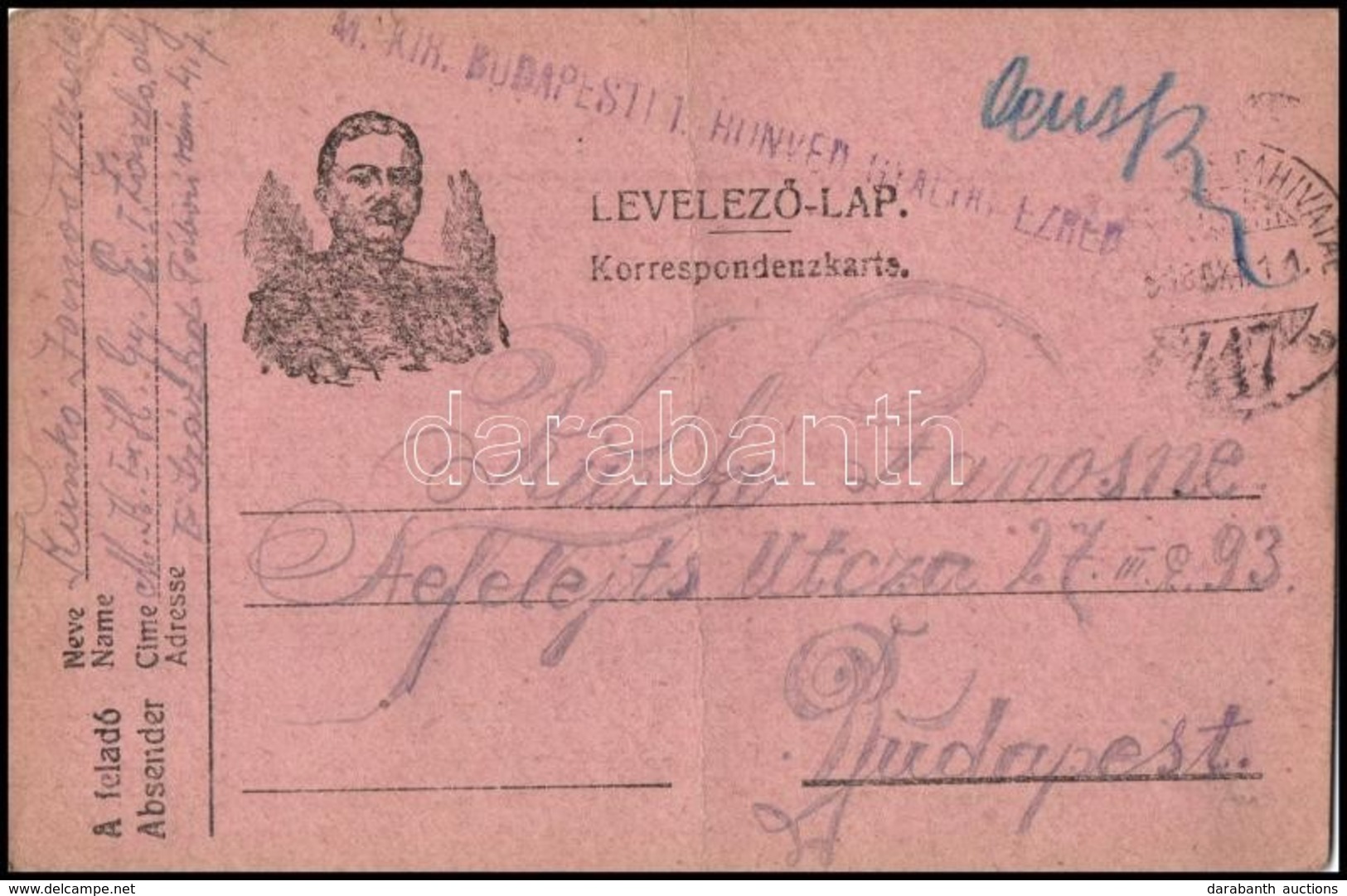 1918 Tábori Posta Levelezőlap 'M.kir. Budapesti  I. Honvéd Gyalogezred' + 'TP 417 B' - Otros & Sin Clasificación