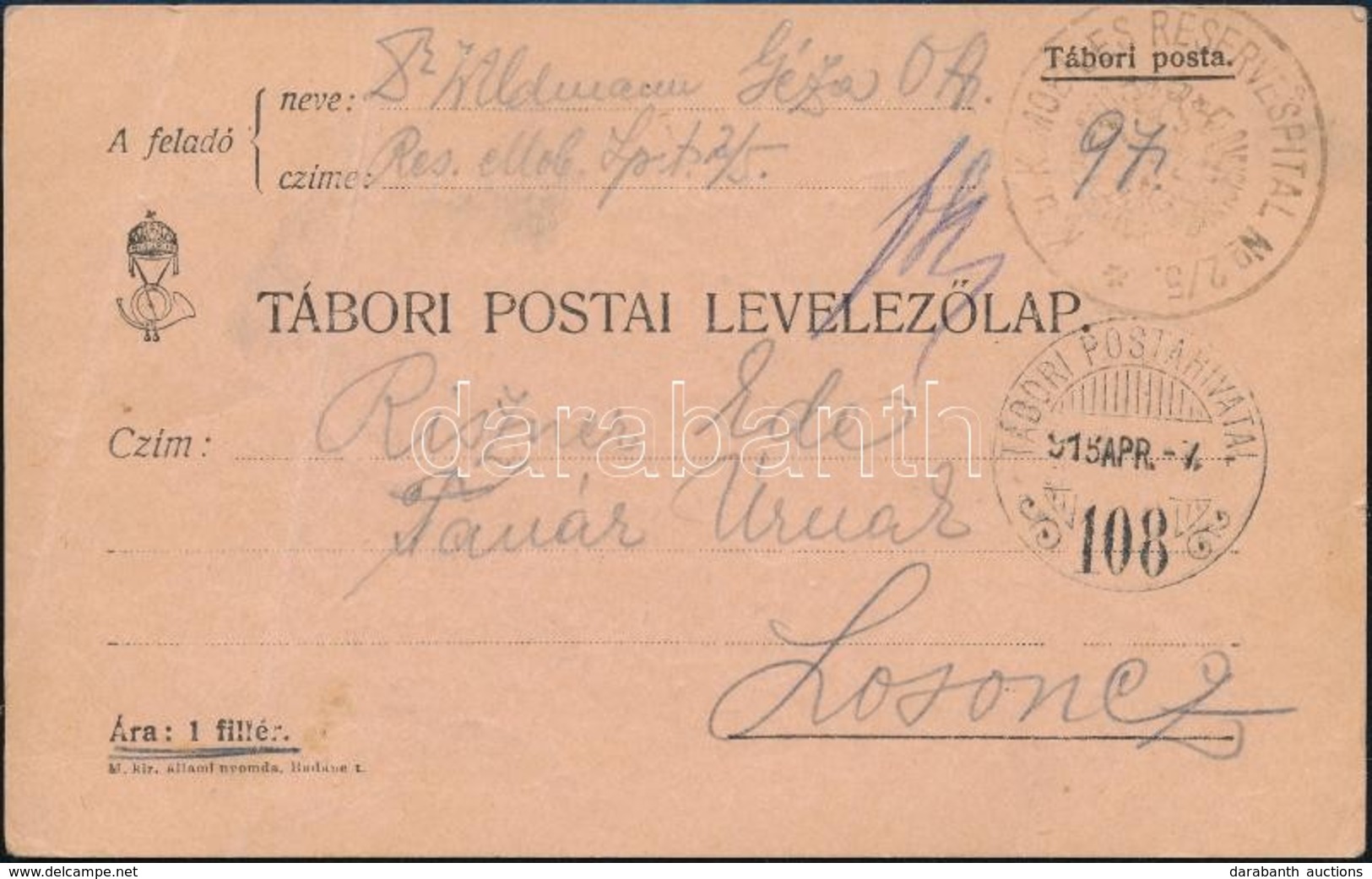 1915 Tábori Posta Levelezőlap 'K.u.k. MOBILES RESERVESPITAL No. 2/5' + 'TP 108' - Sonstige & Ohne Zuordnung