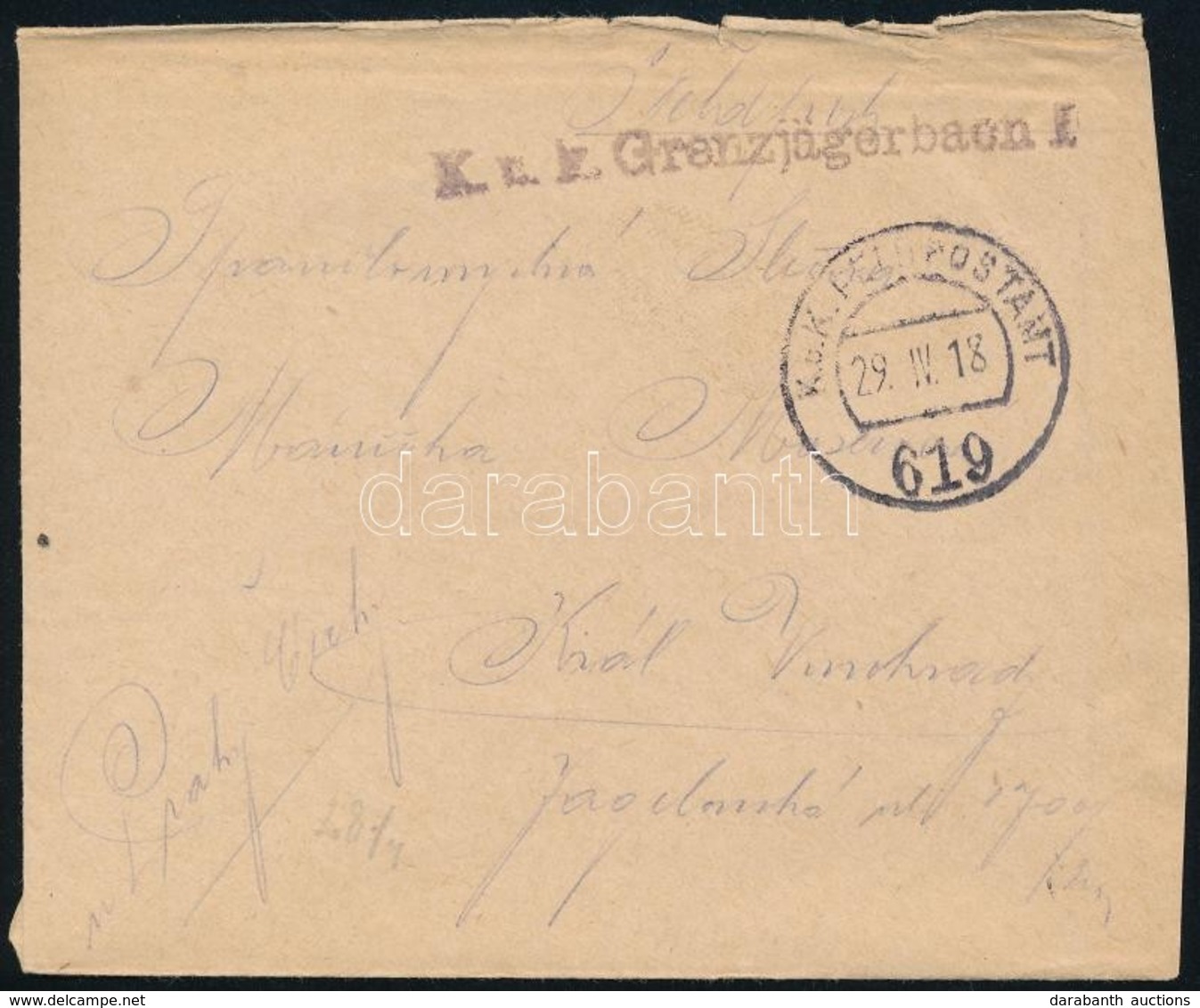 1918 Tábori Posta Boríték / Field Post Cover 'K.u.k. Granzjägerbaon I.' + 'FP 619' - Autres & Non Classés