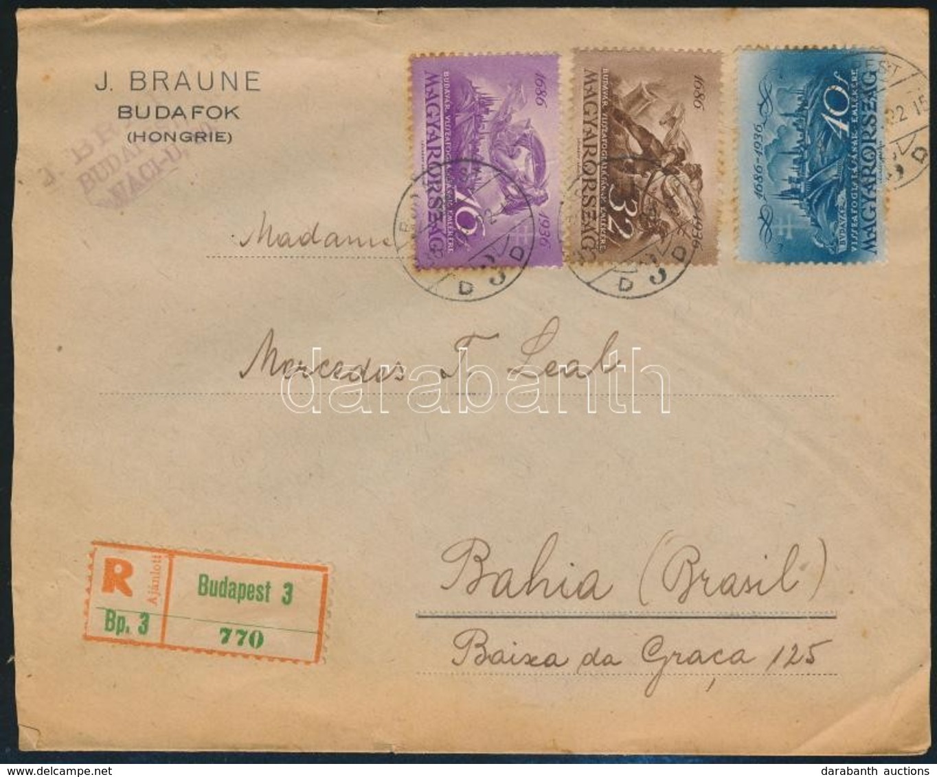 1936 Ajánlott Levél Budavár Bélyegekkel Brazíliába - Sonstige & Ohne Zuordnung