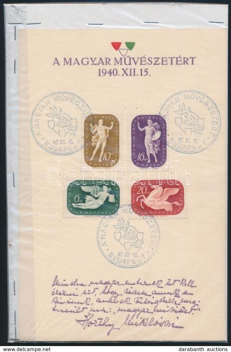 1940 Művész Sor Emléklapon Horthy Miklósné Fakszimile Kézírásával - Sonstige & Ohne Zuordnung