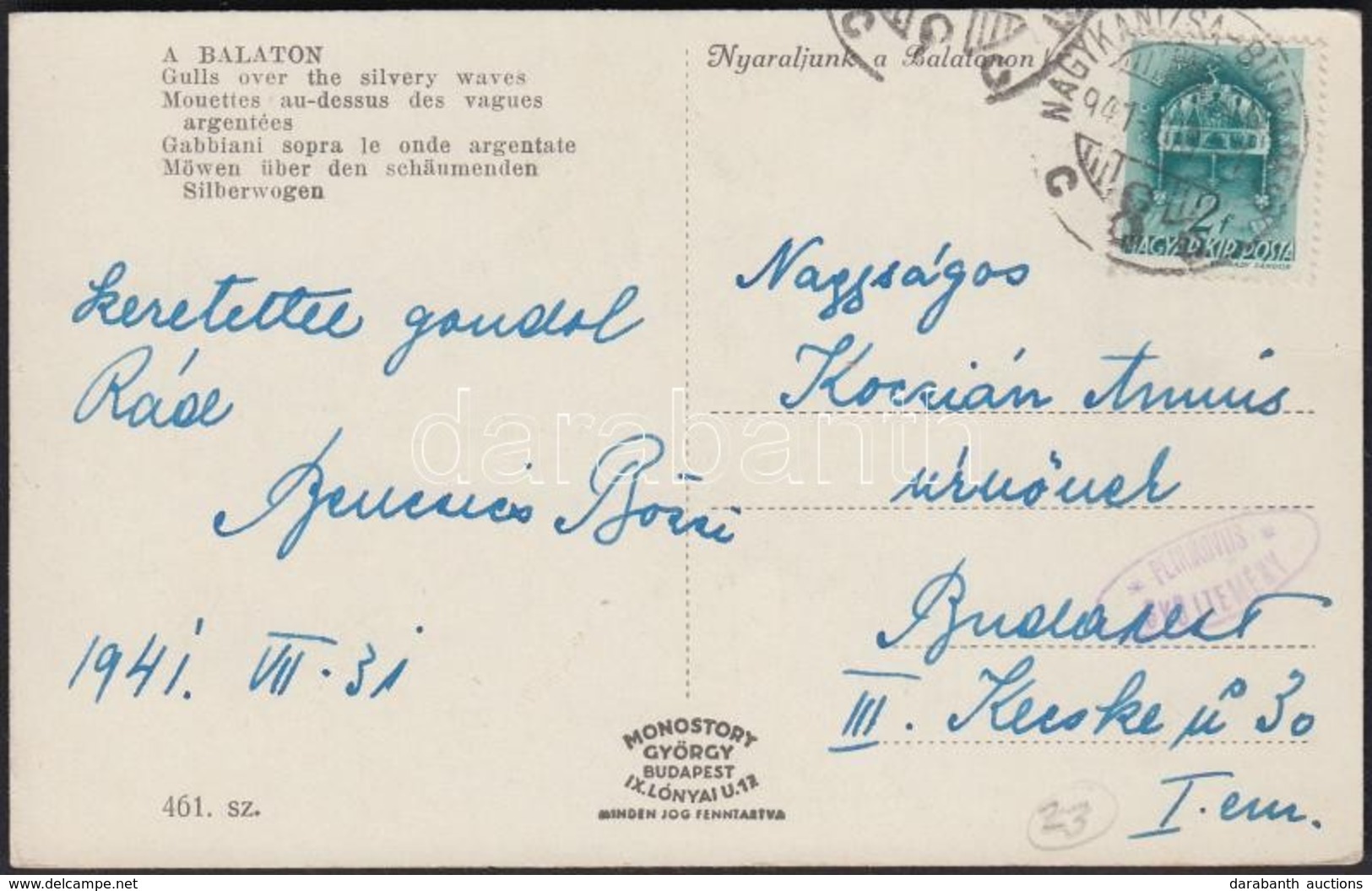 1941 Képeslap NAGYKANIZSA - BUDAPEST Vasúti Bélyegzéssel - Other & Unclassified