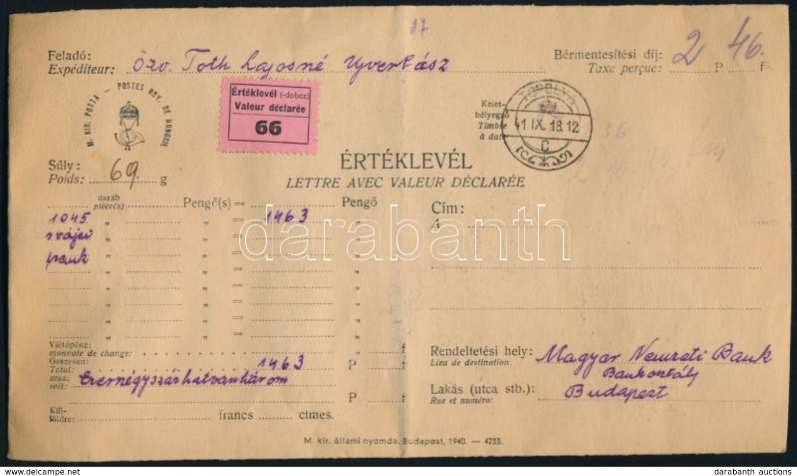 1941 Értéklevél 1.045 Svájci Frankról / Insured Cover 'TOPOLYA' - Other & Unclassified