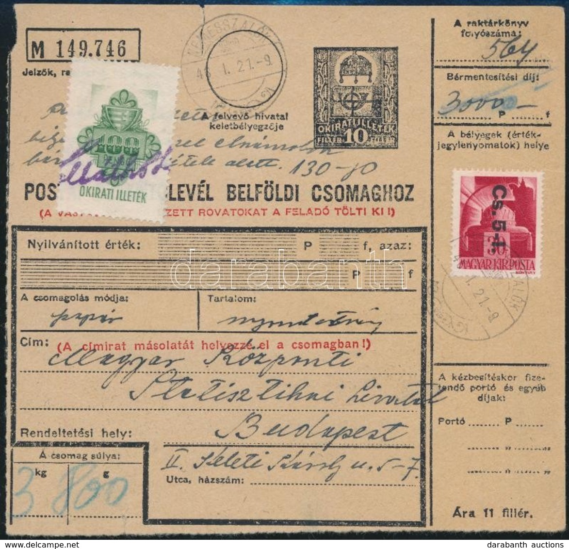 1946 (6. Díjszabás) Csomagszállító Visszavont Csomagbélyeggel / Parcel Card Franked With Mi 860 - Andere & Zonder Classificatie