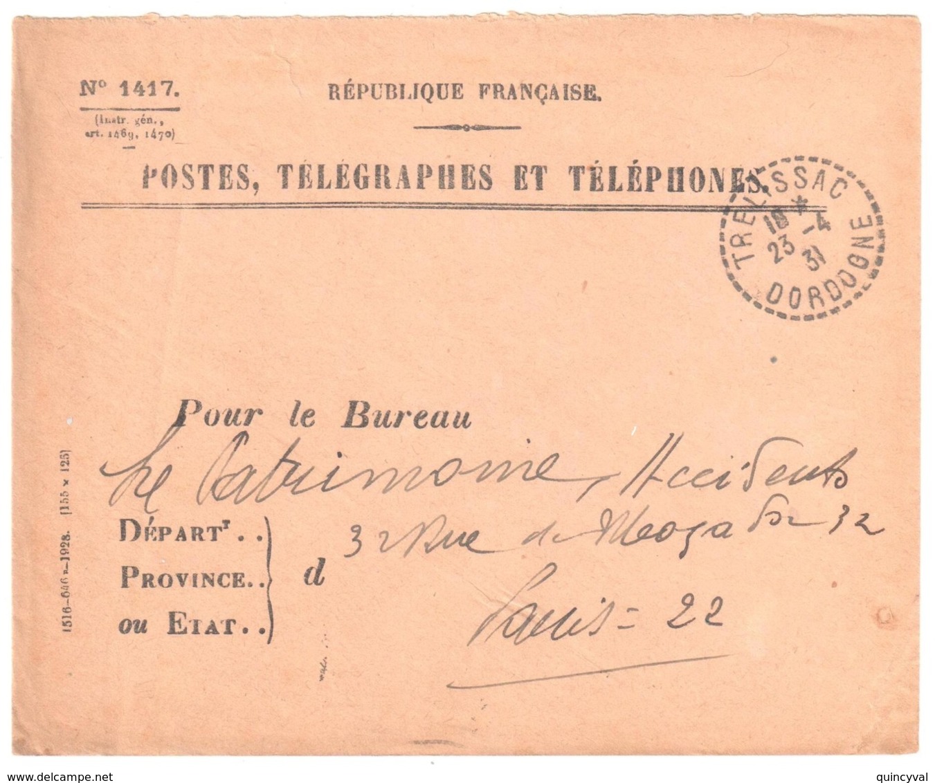 TRELISSAC Dordogne Enveloppe De SERVICE N° 819 Franchise Ob 1931 Recette Distribution Cercle Pointillé Lautier B4 - Manual Postmarks