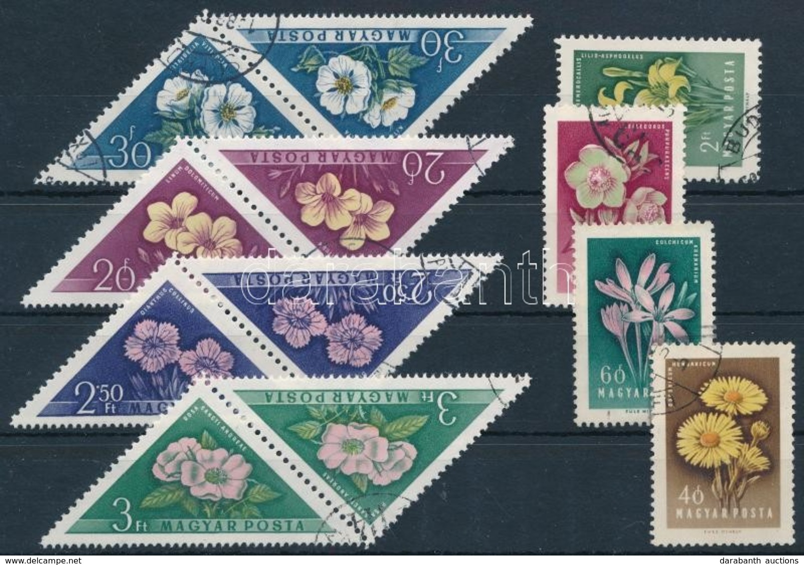 O 1958 Virág Sor, A Háromszögletű Bélyegek Tete Beche Párokban - Andere & Zonder Classificatie