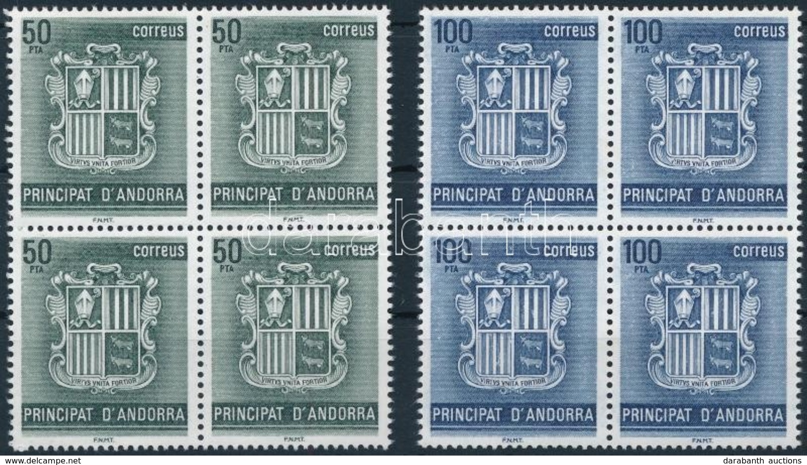 ** 1982 Andorra Címere Sor Négyestömbökben,
Coat Of Arms Of Andorra Set In Blocks Of 4
Mi 157-158 - Andere & Zonder Classificatie