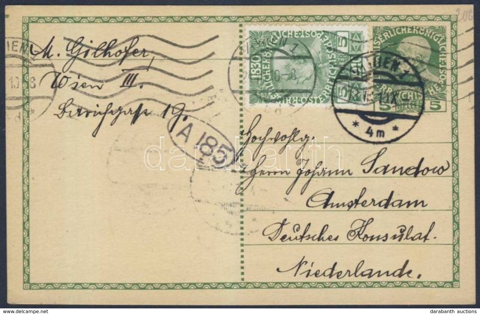 1910 Jubileumi 5h 5h Díjjegyes Levelezőlapon Amszterdamba / PS-card With Additional Franking To Holland - Other & Unclassified