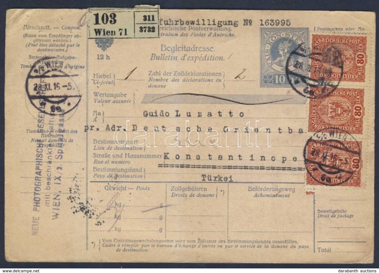 1916 Csomagszállító Törökországba, Hátoldalán Török Portóval / Parcel Card To Turkey With Turkish Postage Due Stamp - Other & Unclassified