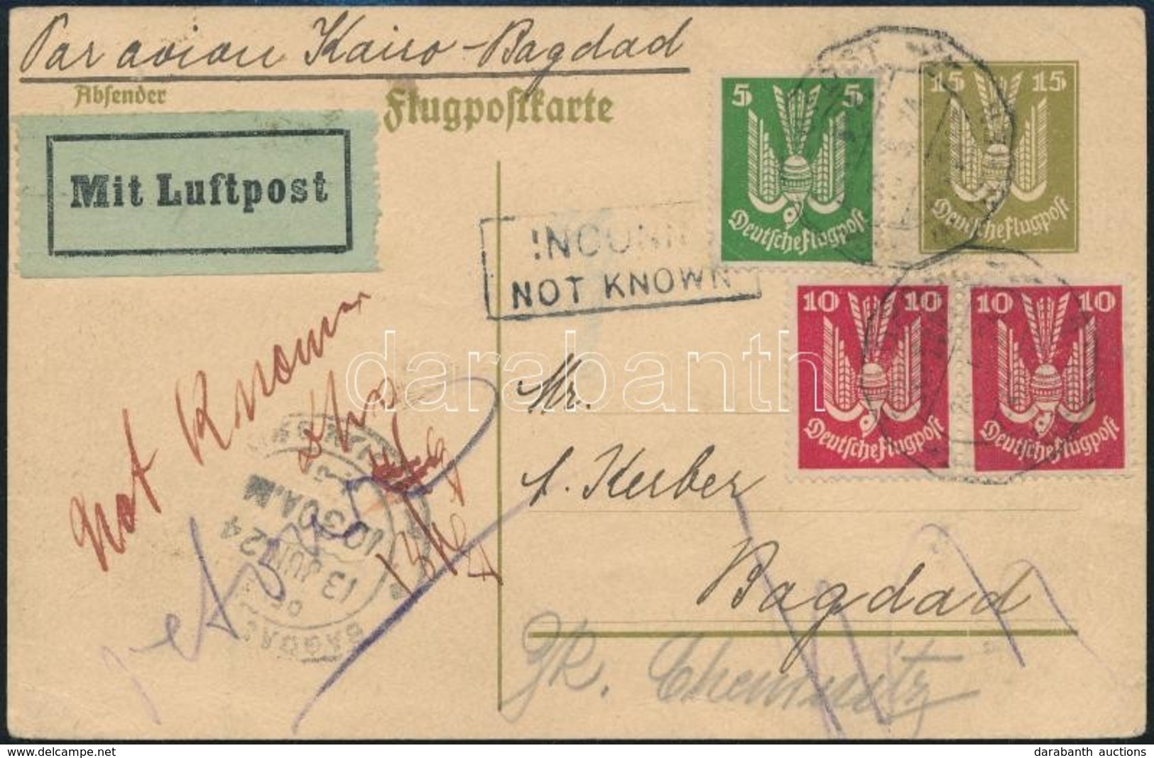 1924 Légiposta Levelezőlap Bagdadba, Visszaküldve / Airmail Postcard 'MÜNCHEN' - Baghdad, Returned - Otros & Sin Clasificación