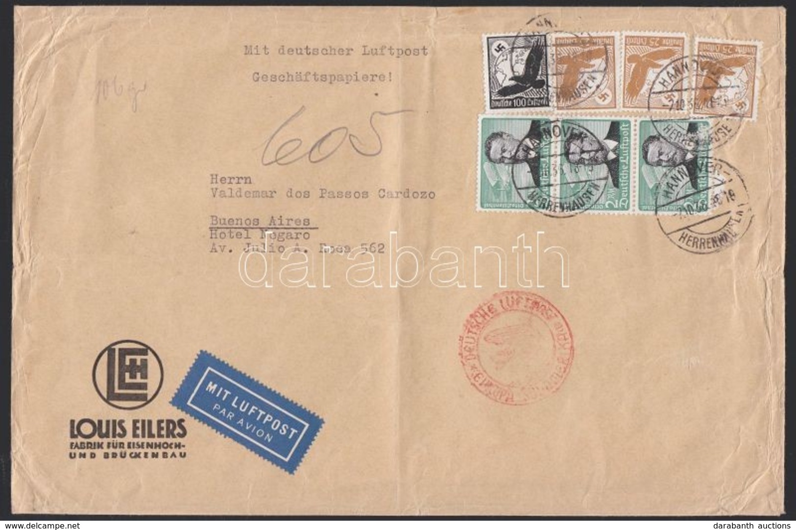 1936 Légi Levél Argentínába 7,75 RM Bérmentesítéssel / Airmail Cover To Argentina With 7,75 RM Franking - Autres & Non Classés