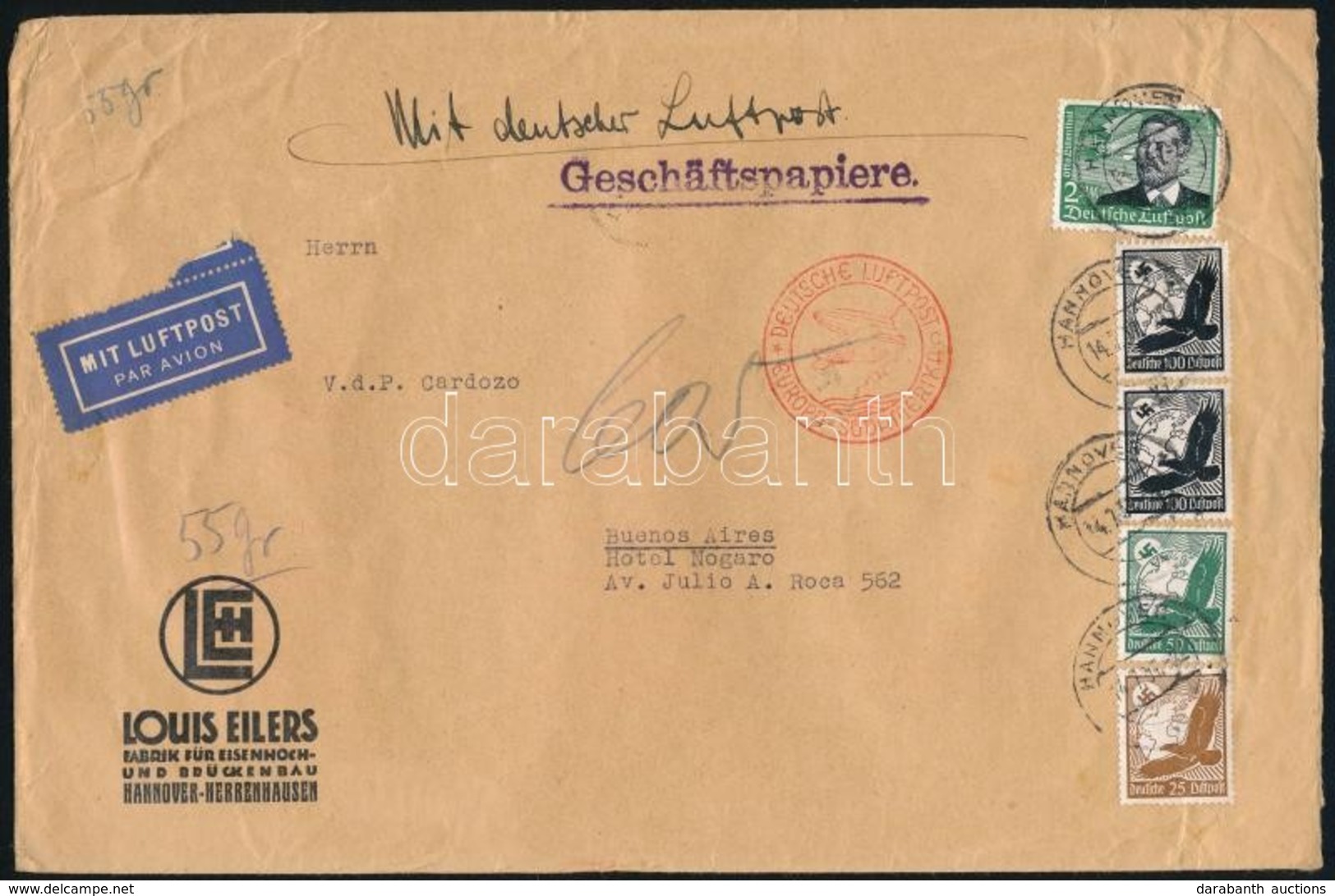 1937 Légi Levél Argentínába 4,75 RM Bérmentesítéssel,
Airmail Cover To Argentina With 4,75 RM Franking - Andere & Zonder Classificatie