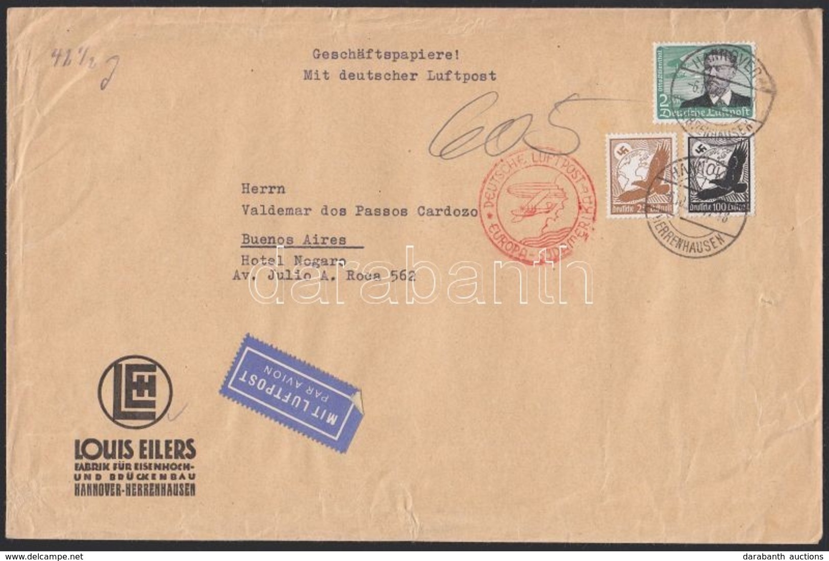 1937 Légi Levél Argentínába 3,25 RM Bérmentesítéssel / Airmail Cover To Argentina With 3,25 RM Franking - Andere & Zonder Classificatie