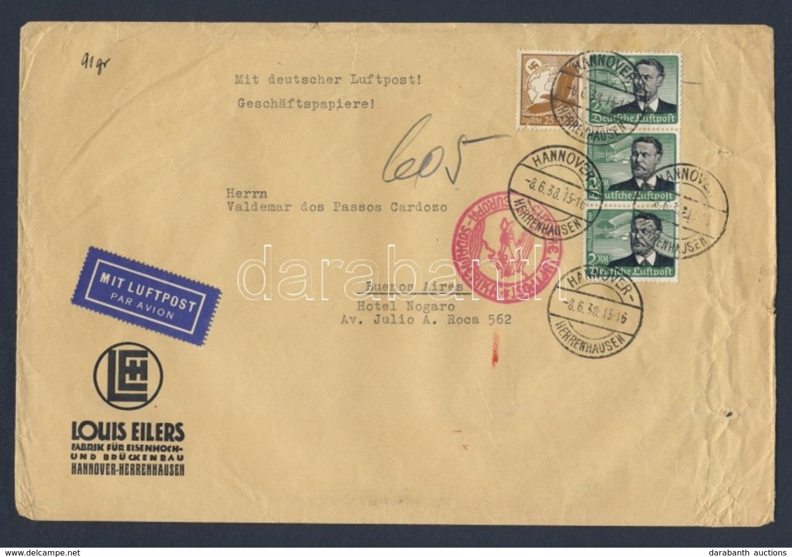 1938 Túlsúlyos Légi Levél Argentínába 6,25 RM Bérmentesítéssel / Overweight Airmail Cover With 6,25 RM Franking To Argen - Otros & Sin Clasificación