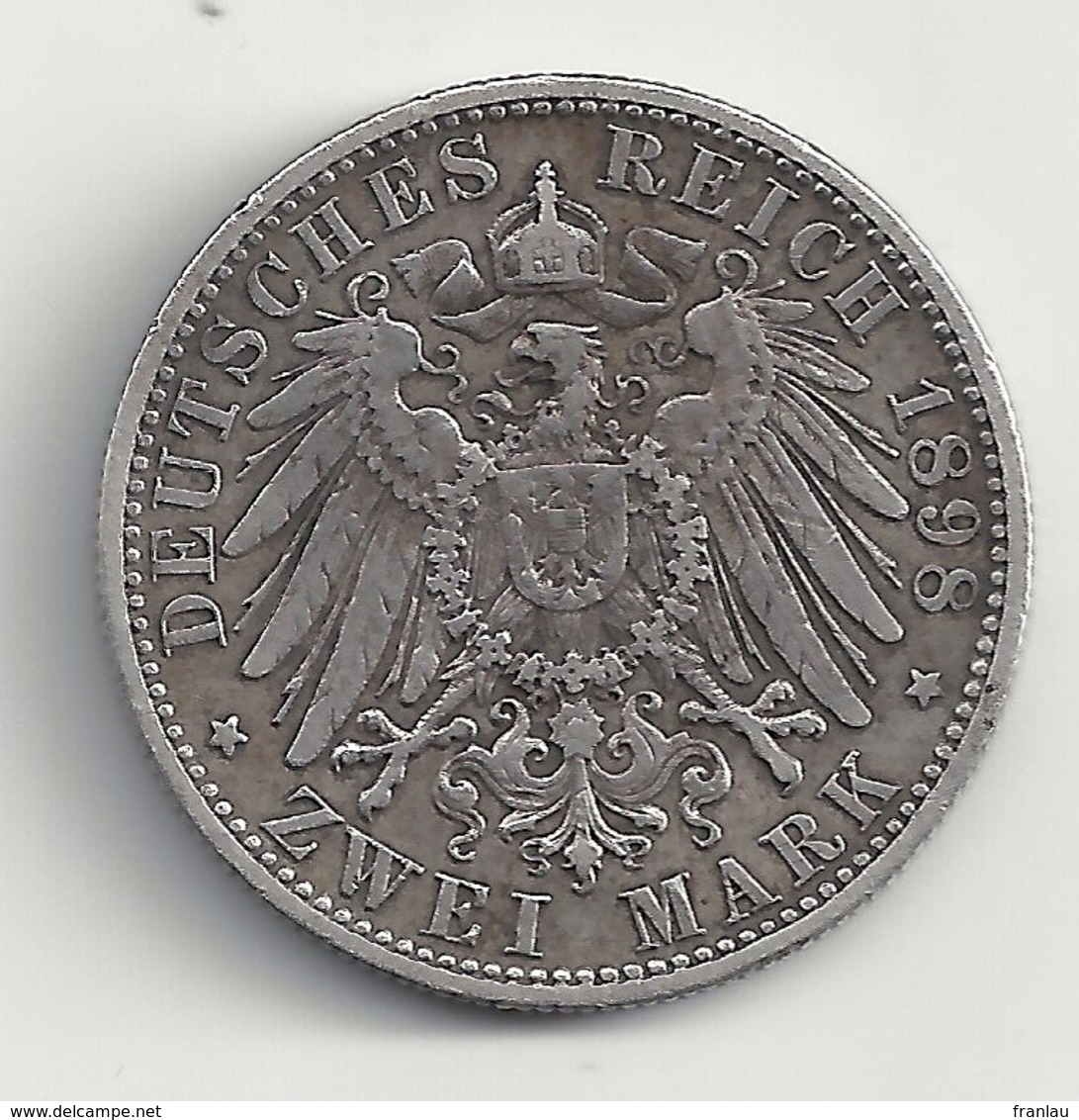 Allemagne 2 Marks 1898 F Wilhelm II Koenig Von Wuerttemberg Argent - 2, 3 & 5 Mark Argento