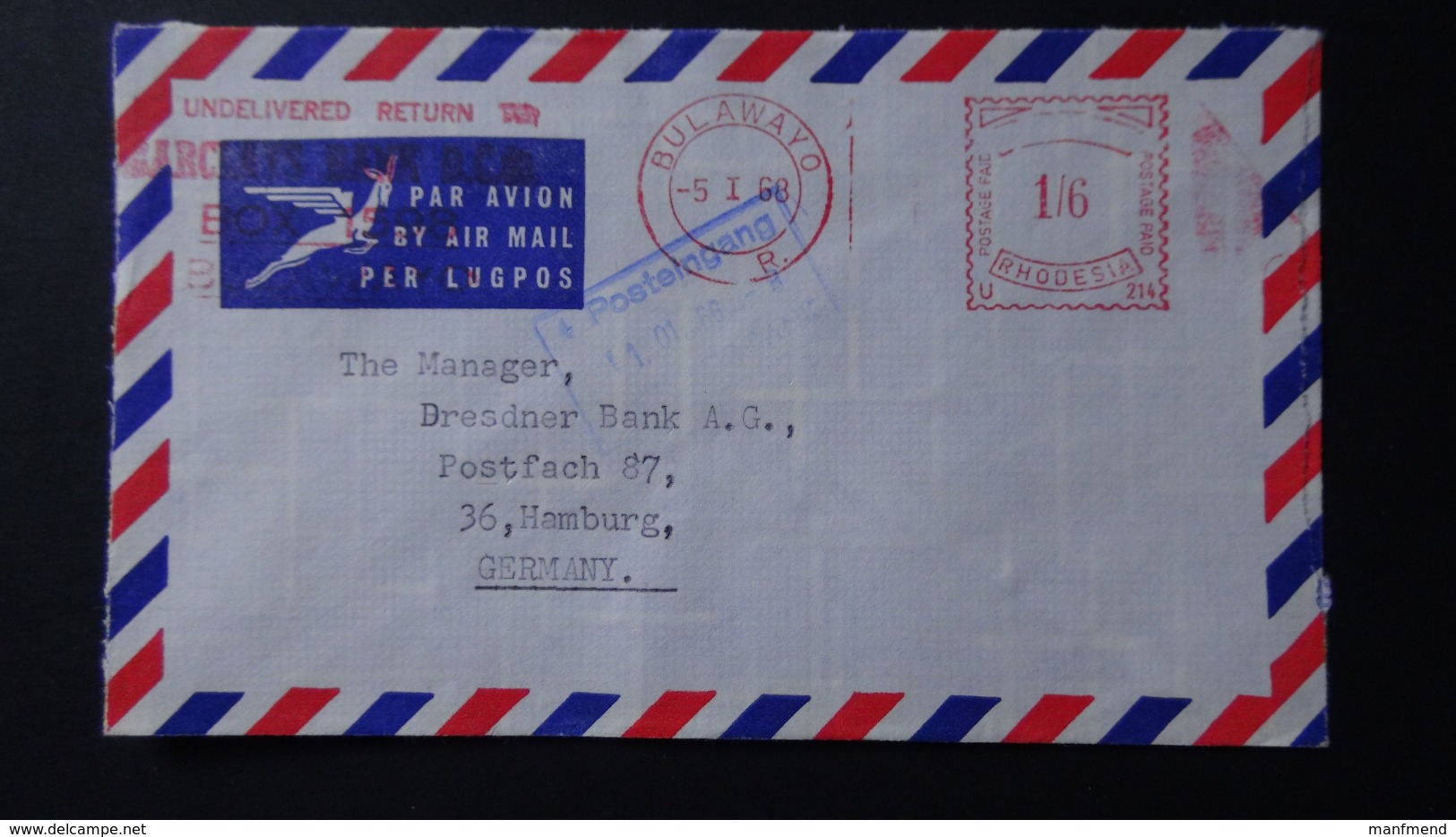 Rhodesia - 1968 - Freistempel - 1/6 - 5.1.68 Bulawayo - Look Scan - Rhodesia (1964-1980)