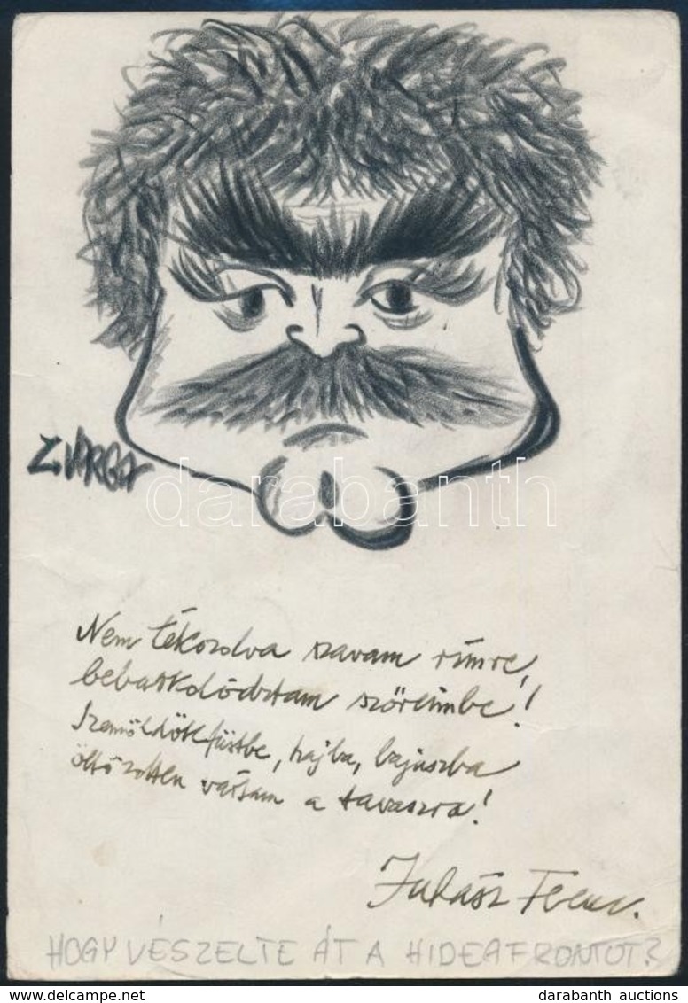 Varga ,,Zerge' Zoltán (1969-): Juhász Ferenc (1928-2015) Karikatúrája. Rajta Juhász Ferenc (1928-2015) Saját Kézzel írt  - Other & Unclassified