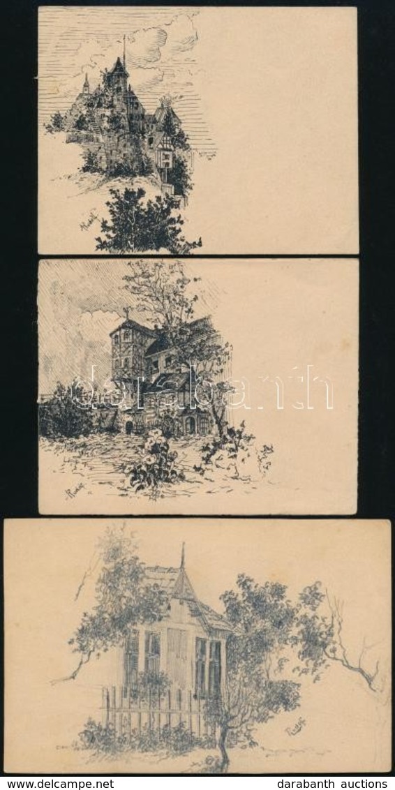 Cca 1900 Rudolf Jelzéssel: 5 Db Kisgrafika, Tus/ceruza, Papír, 9×14 Cm - Autres & Non Classés