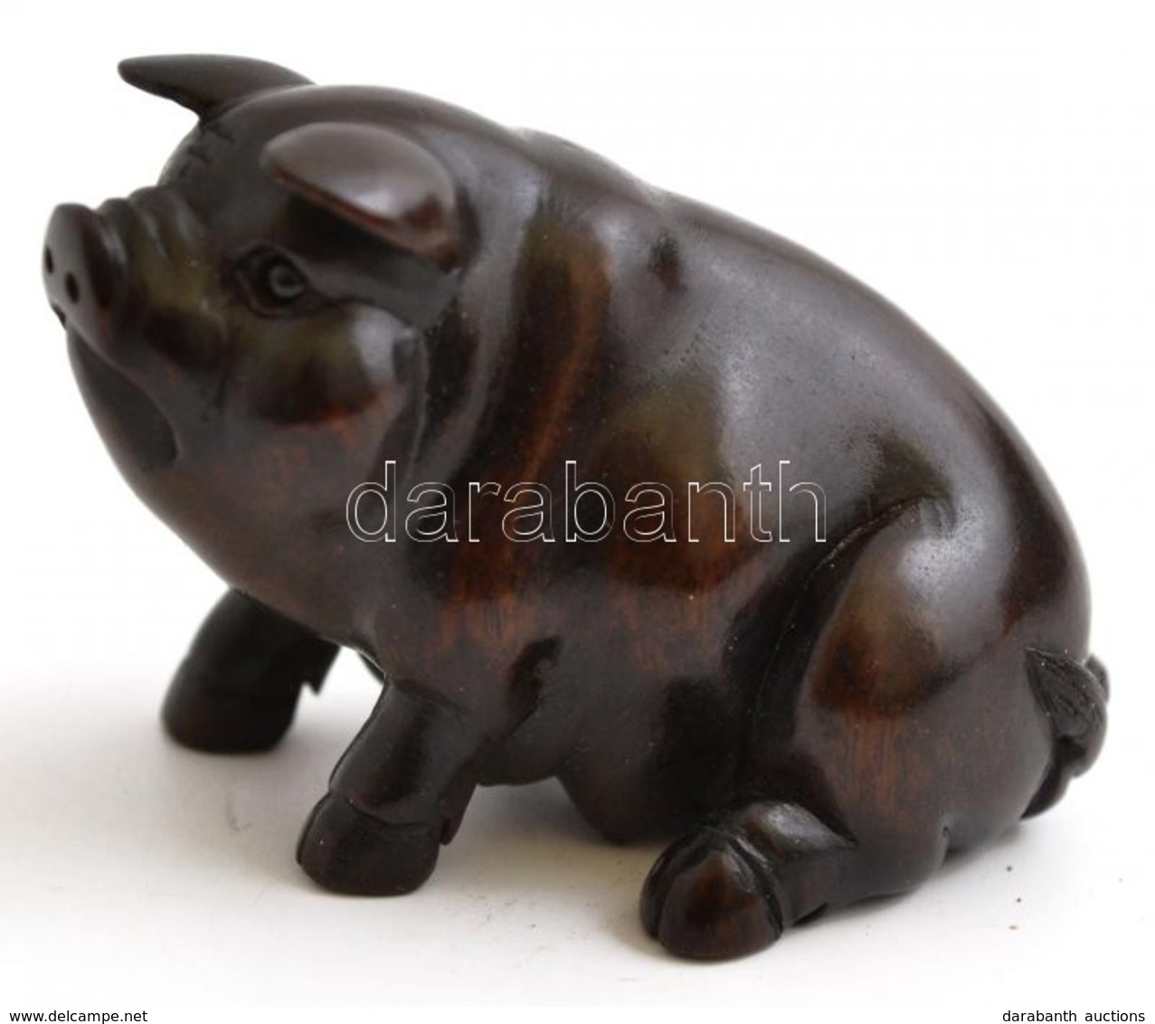 Japán Necuke: Ébenfa Malac, Disznó. Jelzett / Netsuke Eben Wood Pig. Signed 4 Cm - Andere & Zonder Classificatie