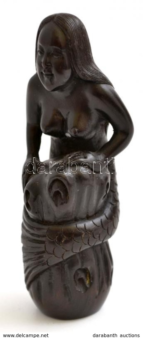 Japán Necuke: Ébenfa Sellő, Disznó. Jelzett / Netsuke Eben Wood Mermaid. Signed 4 Cm - Other & Unclassified