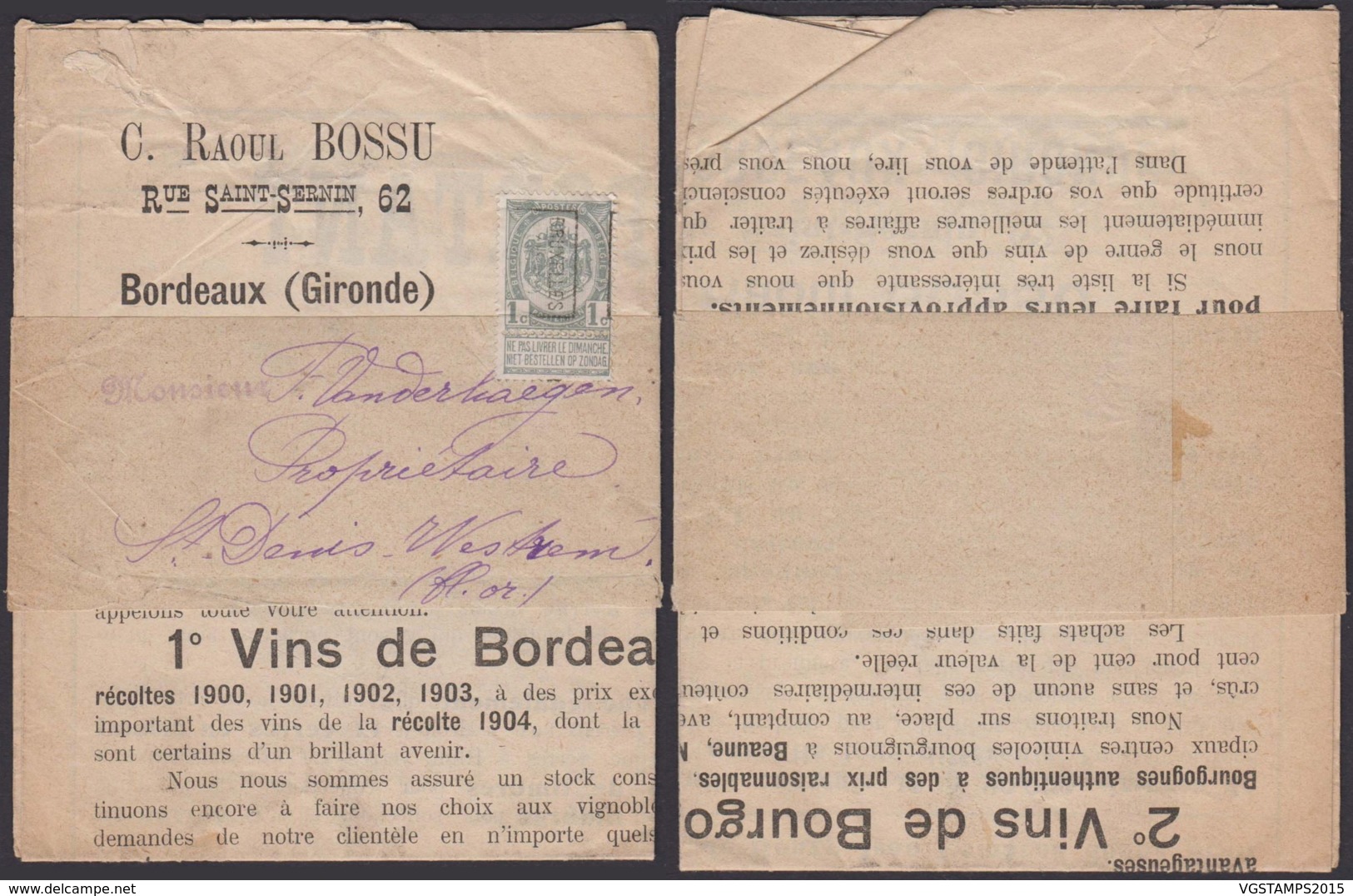 BELGIQUE PREO 1C SUR BANDE JOURNAL "VIN DE BORDEAUX" (DD) DC-4087 - Roulettes 1900-09