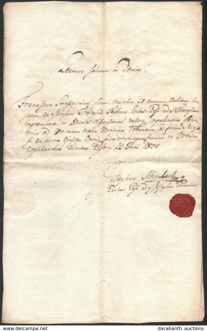 1824 Pest, Plébániai Házasodási Engedély, Latin Nyelven, Rányomott Viaszpecséttel - Ohne Zuordnung