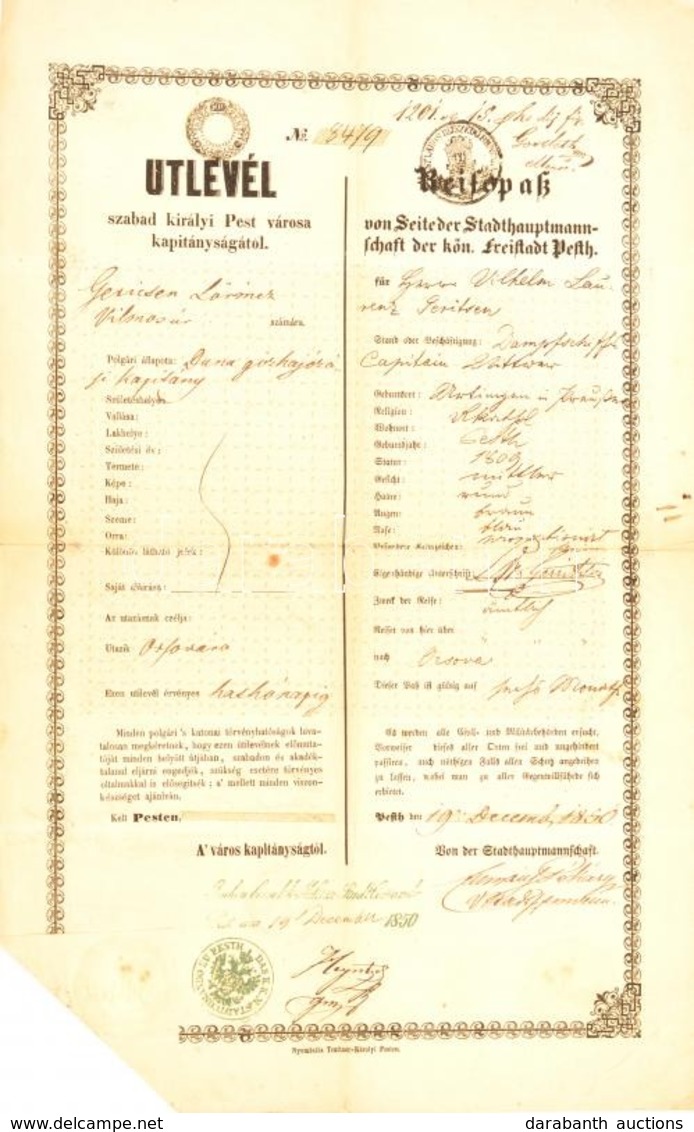 1850 Pest, Gerritsen Lőrinc Vilmos Duna Gőzhajózási Kapitány Részére Szóló Német-magyar Nyelvű útlevél, Orsovába Tartó U - Unclassified