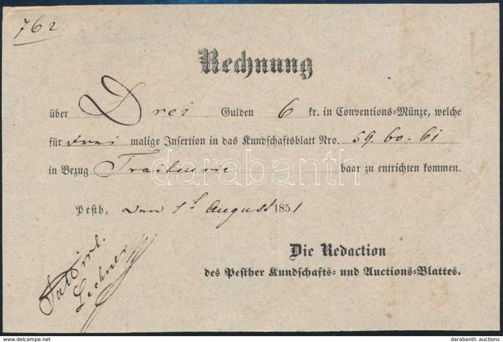 1851 Számla 3 G - 6 Ft Ról A Pesther Rundschau Und Auctions Blatter Szerkesztőségéből. - Ohne Zuordnung