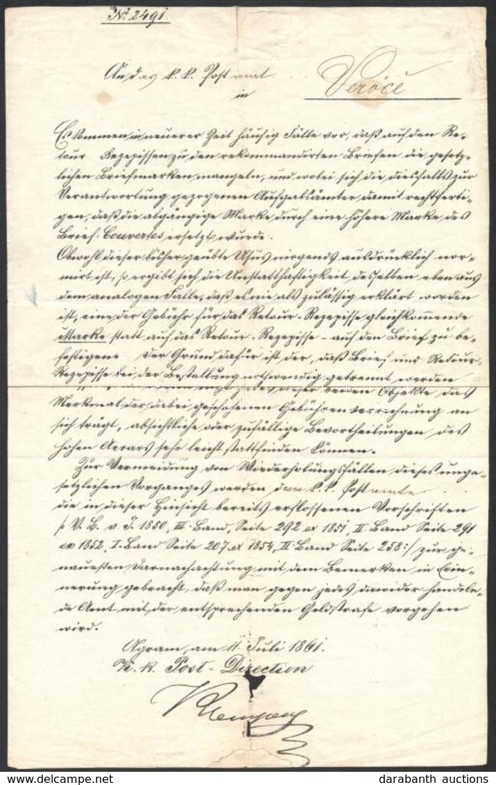 1861 A Zágrábi Postaigazgatóság Német Nyelvű Sokszorosított Levele A Verőcei (Vitrovica) Postahivatalnak - Ohne Zuordnung