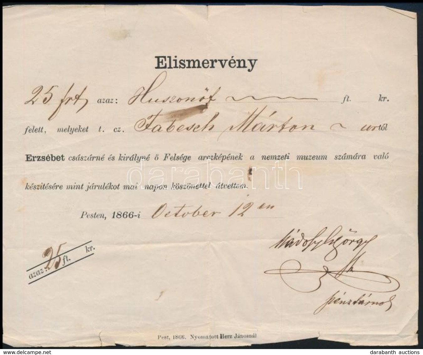 1866 Elismervény Hozzájárulásról A Nemzeti Múzeum Részére Készítendő Erzsébet Királyné-arcképről - Unclassified