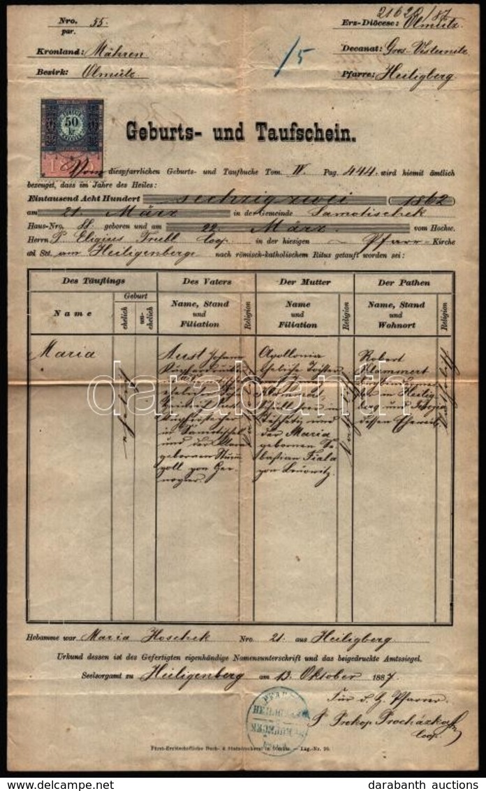 1870-1887 3 Db Német Anyakönyvi Kivonat, Az Egyik Okmánybélyeggel - Zonder Classificatie