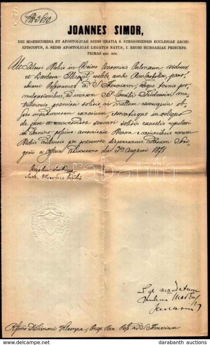 1871 Simor János Esztergomi érsek Házasságengedélyező Levele, Durguth József Aláírásával - Unclassified