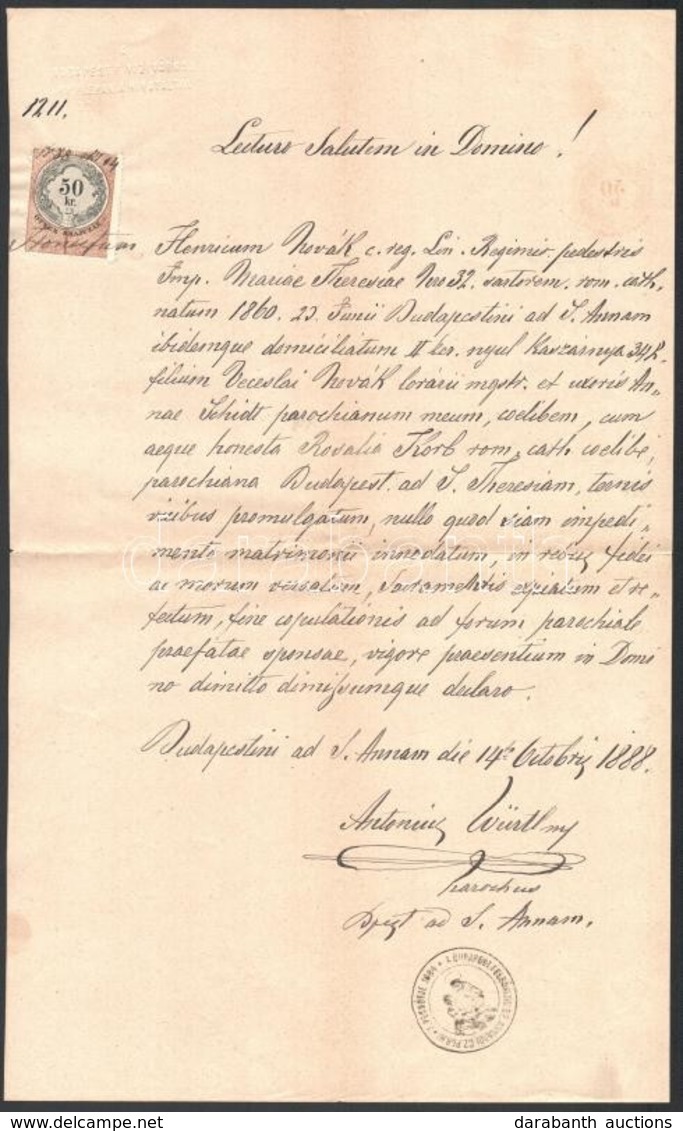 1888 Bp., A Vízivárosi Plébánia Latin Nyelvű Házasodási Engedélye, Okmánybélyeggel - Sin Clasificación